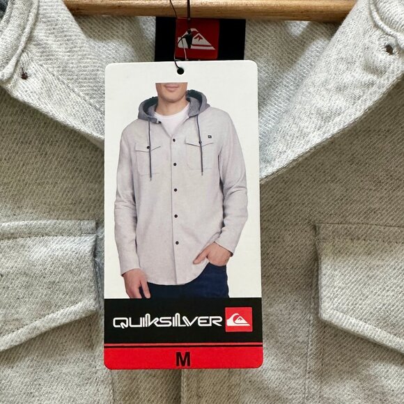 New Quiksilver Hooded Buttoned Flannel Shirt Men's Size M Gray Plaid Y2K Grunge - Picture 12 of 13
